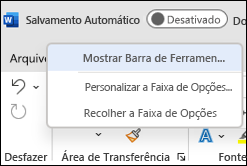Imagem da opção para mostrar a Barra de Ferramentas de Acesso Rápido