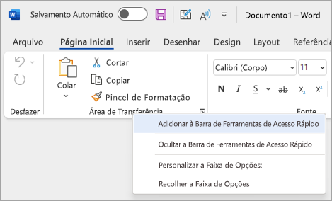Imagem do menu pendente para Personalizar a Barra de Ferramentas de Acesso Rápido para adicionar comandos