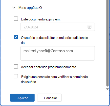 Captura de ecrã da secção Mais Opções da caixa de diálogo Permissões.