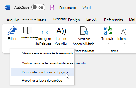 Selecionar Personalizar Faixa de Opções.