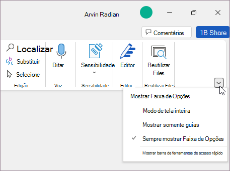 Menu de opções de exibição da faixa de opções