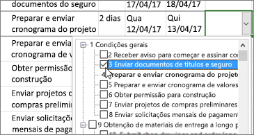 Plano de projeto com uma lista suspensa com tarefas