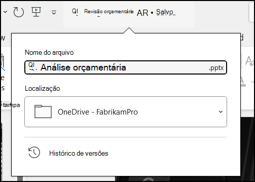 O menu suspenso do título do documento no Word para Office 365