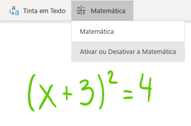 Opção de botão matemática no OneNote para Windows 10