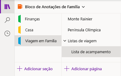 Interface de navegação no OneNote para Windows 10