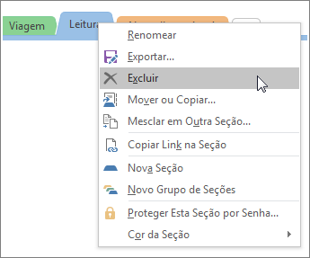 Screenshot of how to delete a section in OneNote 2016.