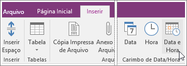 Captura de tela do botão de Data e Hora no OneNote 2016.