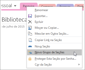 Captura de tela de como criar um novo grupo de seções no OneNote 2016.