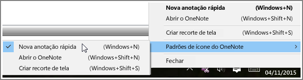 Captura de tela da bandeja do sistema com opções do OneNote.