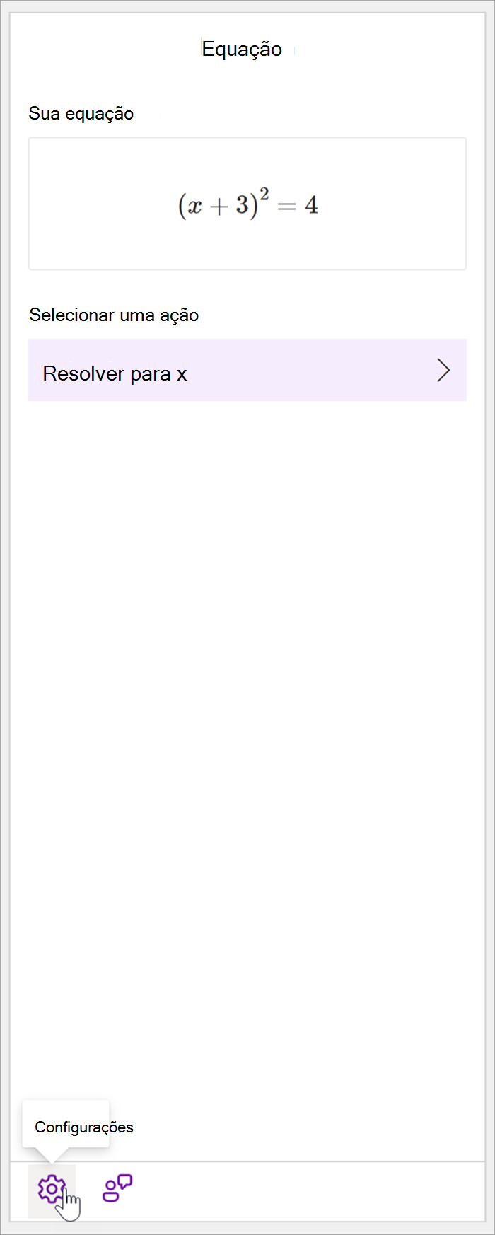 Captura de tela do painel de matemática do OneNote Desktop com a equação (x+3)^2=4. Na seção Selecionar uma ação, a única ação disponível é Resolver antes de x.