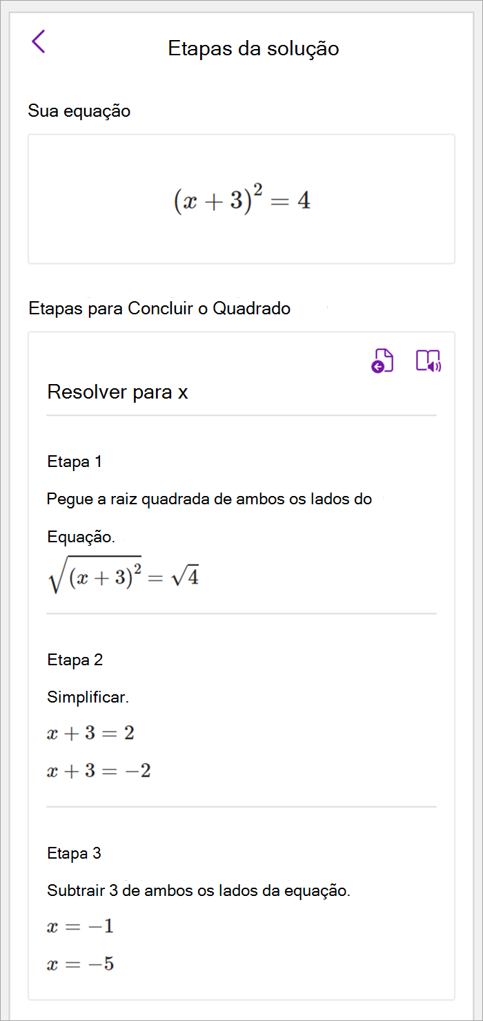 Captura de tela do painel de matemática no OneNote para área de trabalho. As etapas da solução são mostradas para usar o método de completar o quadrado para resolver x.