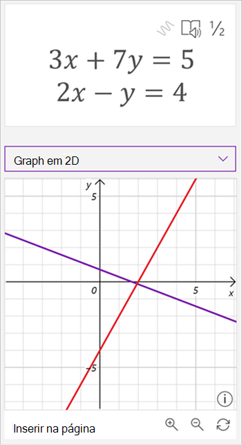 Captura de tela do gráfico gerado pelo assistente de matemática mostrando as equações 3 x mais 7 y é igual a 5 e 2 x menos y é igual a 4. O gráfico mostra duas linhas que se cruzam, uma roxa e outra vermelha.