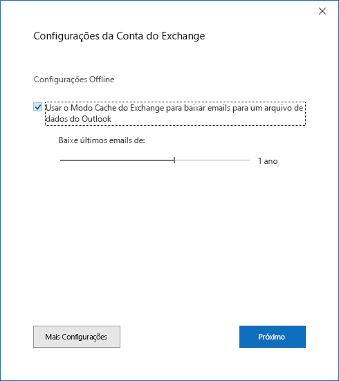 Caixa de diálogo configuração da conta, página Configurações da Conta do Exchange.