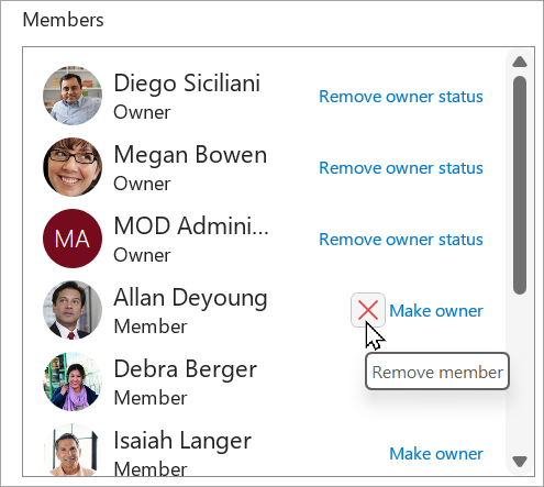 Na caixa Membros, você pode remover o proprietário status, tornar um membro um proprietário ou excluir um membro.