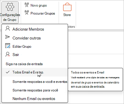 Selecione Configurações de grupo na faixa de opções e selecione quais itens você deseja seguir ou não seguir