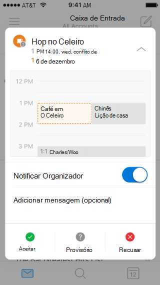 Mostra uma tela móvel, com um convite no calendário. A seta de colapso está na parte superior da tela, apontando para cima.