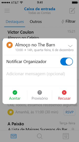 Mostra uma tela móvel, com um convite resumido para um evento. A seta de expansão está na parte superior da tela, apontando para baixo
