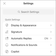 Mostra as Configurações em um dispositivo móvel, com Copilot listado em Configurações Rápidas.