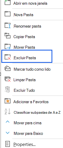 Captura de tela da opção Excluir Pasta selecionada no painel de navegação.