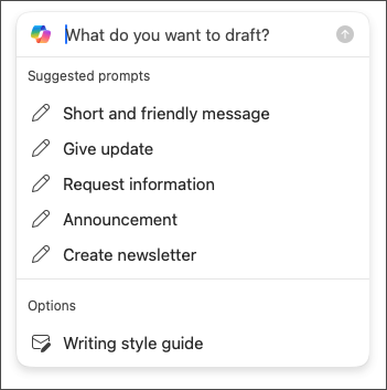 Opções de tamanho e tom para escolher ao elaborar emails no Outlook com o Copilot