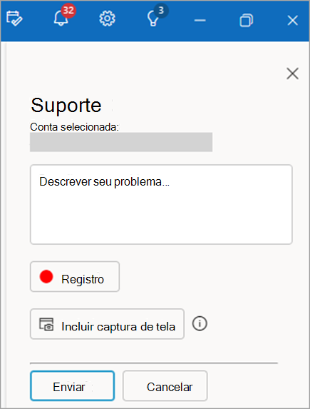 Captura de ecrã do painel de suporte de contactos a mostrar a área para fornecer uma descrição do problema
