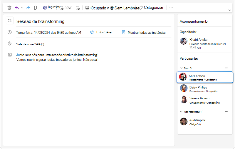 A imagem mostra um painel de acompanhamento de reuniões em que é possível ver todas as respostas para cada convidado, juntamente com as novas informações extras sobre se cada participante participará pessoalmente ou virtualmente.