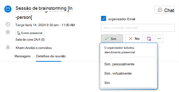 A imagem mostra o botão de menu RSVP híbrido para Sim com sua lista suspensa expandida, onde é possível ver três opções diferentes: Sim, pessoalmente, Sim, virtualmente e Sim.