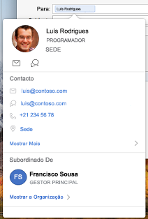 Card de visita no calendário do Outlook