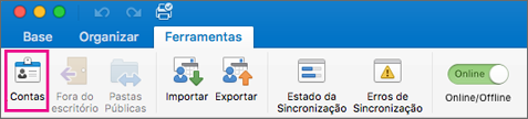 Botão Contas na guia Ferramentas
