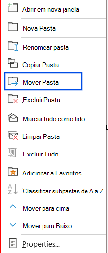 Captura de tela da opção Mover pasta selecionada no painel de navegação.