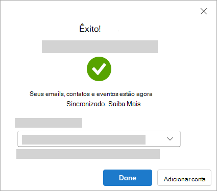 Captura de tela mostrando a janela de sucesso ao adicionar uma conta do Google