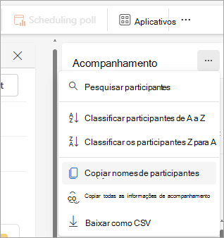 Captura de tela do painel Acompanhamento no novo Outlook mostrando opções suspensas para copiar lista de participantes