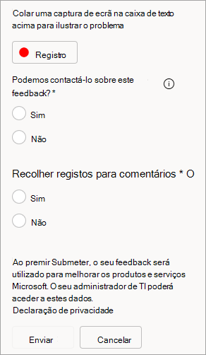 Captura de ecrã a mostrar a opção para permitir o contacto e enviar registos ao submeter comentários