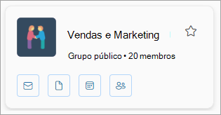 Um grupo card exibe o nome do grupo, o número de membros e tem ícones para email, arquivos, calendário e membros.