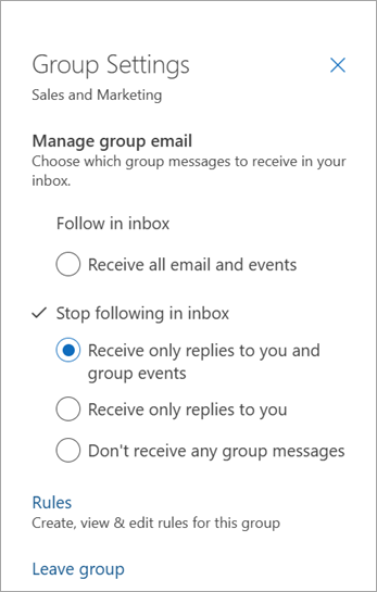 No painel Configurações de grupo, selecione sua preferência a seguir ou selecione sair