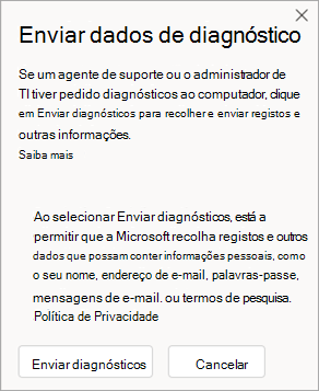 Captura de ecrã da janela a mostrar como enviar dados de diagnóstico ao falar com um agente