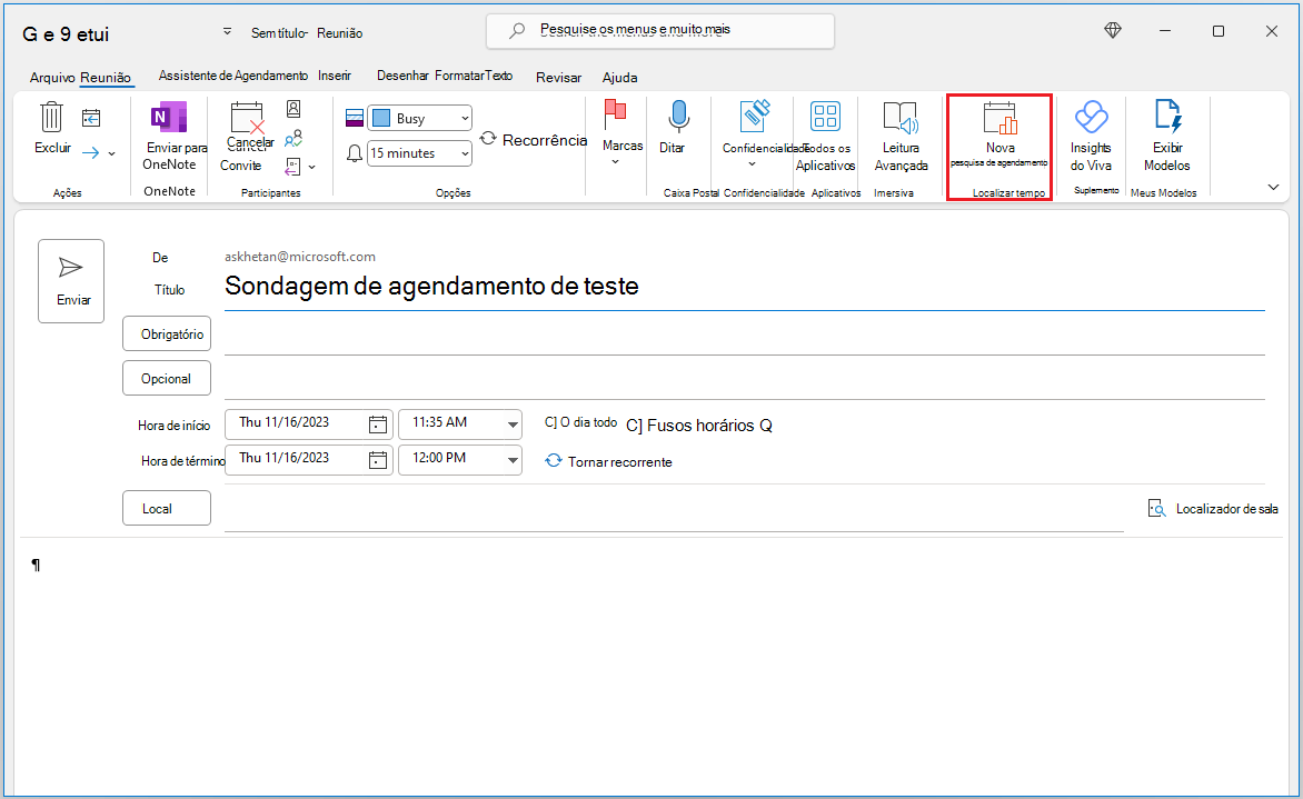 Crie um Inquérito de Agendamento no Calendar formulário de composição de eventos.