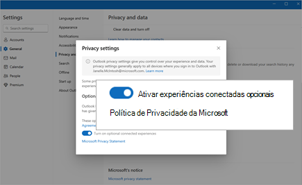 Captura de ecrã a realçar o botão para ativar as experiências ligadas opcionais nas Definições