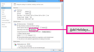 Opções de calendário no modo de exibição Outlook Backstage
