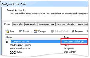 Exemplo de uma conta do Exchange na caixa de diálogo Configurações de Conta