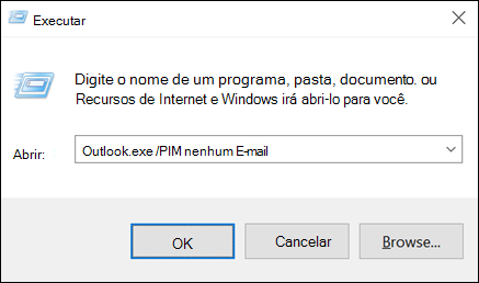 Utilizar a caixa de diálogo Executar para criar um perfil sem e-mail