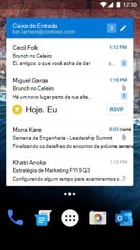 O widget de email do Android em modo amplo