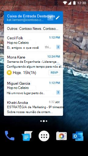 O widget de email do Android no modo estreito