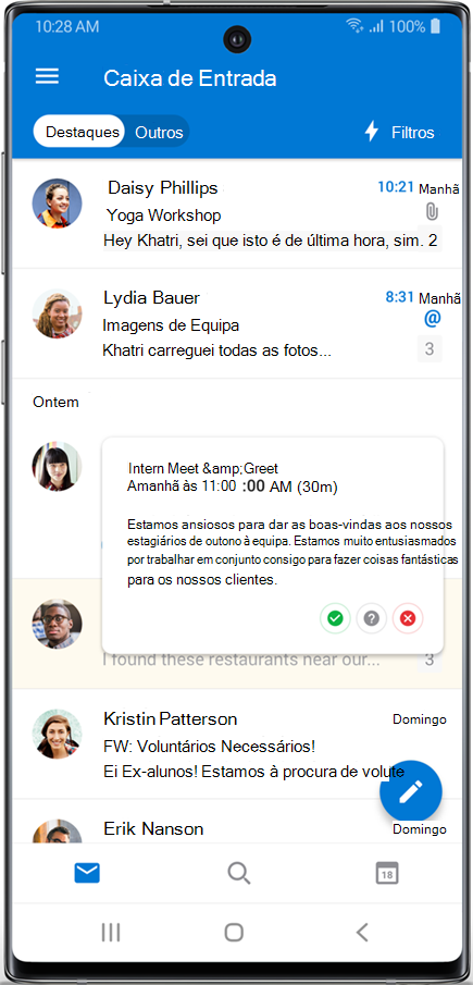Você pode utilizar a S Pen para passar o mouse sobre uma mensagem de email.