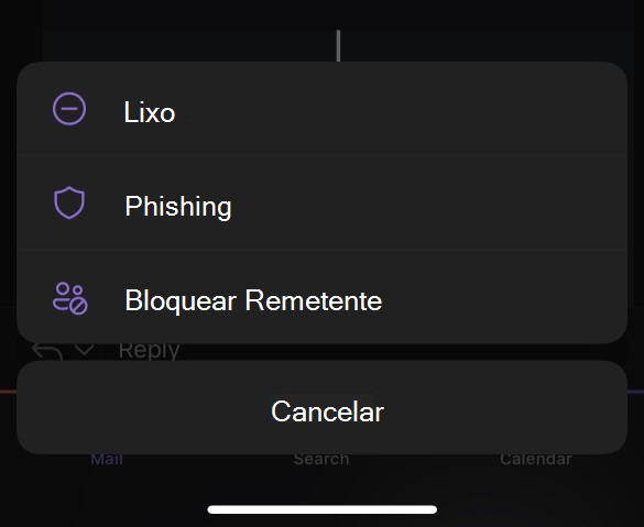 Submenu correio de lixo para o Outlook Mobile