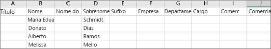 Exemplo do arquivo Outlook .csv aberto no Excel