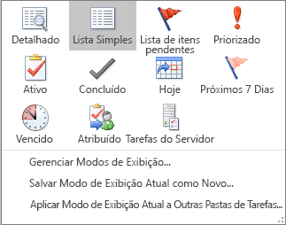 Opções do modo de exibição atual para tarefas
