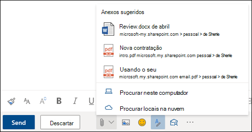 Anexar arquivos mostrando anexos sugeridos