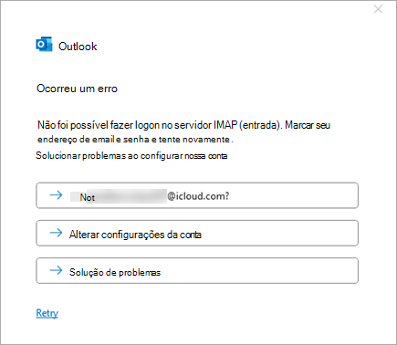 Captura de tela da mensagem de erro Algo deu errado ao adicionar uma conta do iCloud