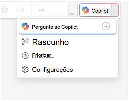 O menu Copilot no Outlook.